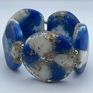 Blue White & Gold Foil Resin Statement Stretch Bracelet